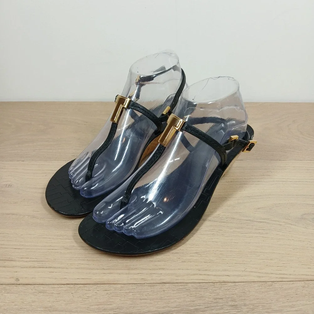 Tory Burch Sandals Women's 8.5 Black Leather Wedge Cork T Strap Thong Summer